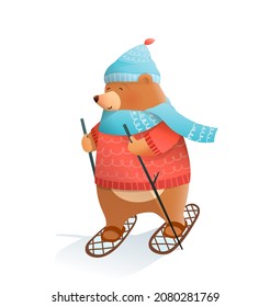 Esquiar o caminar en raquetas de nieve en invierno, usando ropa caliente como suéter, sombrero y bufanda. Carácter animal para niños que practican deportes de esquí de invierno. Ilustración de vectores clipart para niños.