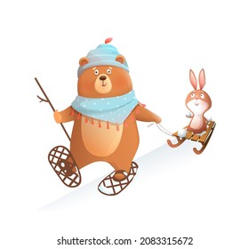 Bear skiing or walking in snowshoes in winter snow, pulling sledge with bunny, wearing winter clothes. Animal characters for kids playing winter games. Vector sticker clipart illustration.