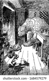 The Bear and the Skrattel, this scene shows a bear looking at the Skrattel in anger near table, the skrattel has sandwich maker in hand, vintage line drawing or engraving illustration