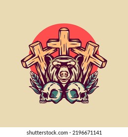 Bear And Skull Retro Illustration