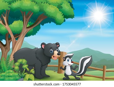 A bear and skunk under the tree