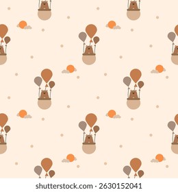 Bear in the sky cartoon so cute. On sun cloud balloon background. Pattern seamless vector illustration. 