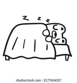 Bear sleep in bed. Outline vector illustration on white background.