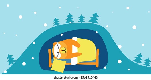 The bear is sleeping in the den. Winter forest. Vector illustration in a flat style.