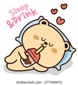 Bear sleeping and drinking bubble milk tea with heart.Animal and beverage cartoon design.Image for sticker,card,poster,baby product.Kawaii.Vector.Illustration.