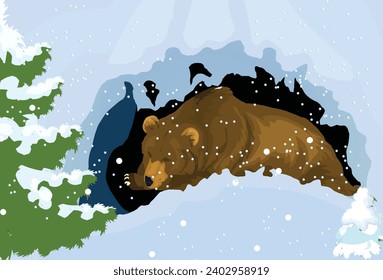 Bärenschlafen in einer Höhle, Bärenschlaf in bewaldeten unterirdischen Wäldern, Vektorgrafik