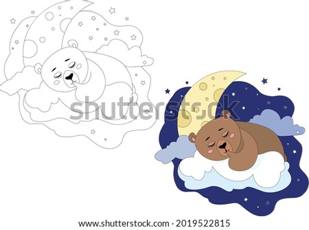 Bear sleeping on a cloud. illustration for coloring book design. Coloring page and colorful clipart character. Vector colorful and outline animal on white background.   