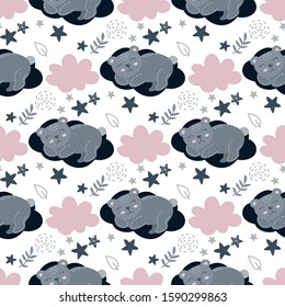 Bear sleeping on the cloud. Nursery pattern, animal theme