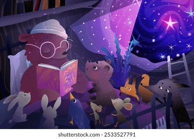 Bear sleeping while reading a book to baby forest animals at his den or burrow. Squirrel rabbit wolf and baby bear listen to a story in dark bedroom before sleep. Kids fairytale vector Illustration.