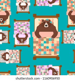 Bear sleeps in bed pattern seamless. sleeping grizzly background. Vector texture
