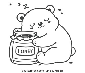 The bear sleeps contentedly, hugging a honey jar, its favorite food. Hand drawing vector illustration in black outline on a white background.