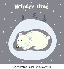 The bear sleeps in a den. Illustration on a winter theme. Winter time.