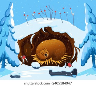 Der Bär schläft im Winter in einer Höhle.  Cute Cartoon Illustration für Bärenkinder.