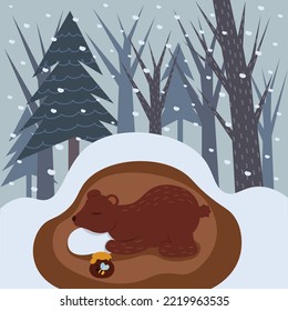 The bear sleeps in a hole on a pillow with a pot of honey flat design. Includes a bear in hibernation and a winter forest on a background with doodle elements.