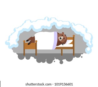 Bear sleeps on bed in den. Grizzly asleep. Wild beast dormant. Vector illustration