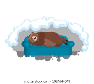 Bear sleeps on couch in den. Grizzly asleep. Wild beast dormant. Vector illustration