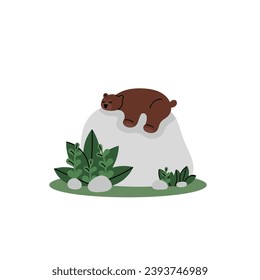 El oso duerme sobre una roca grande. Imágenes para decorar tarjetas de felicitación, portadas de libros, publicaciones en medios sociales y otros