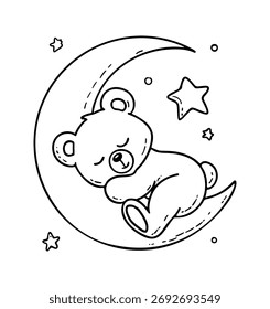 Bear sleeps on the moon icon doodle hand drawn. Outline line drawing clipart symbol. Vector illustration.