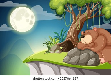 A bear sleeps peacefully beneath a glowing moon