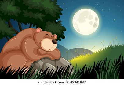 A bear sleeps peacefully beneath a glowing moon