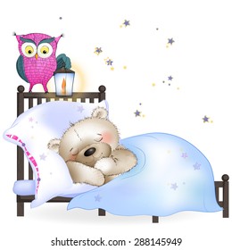 The bear sleeps. The white background.