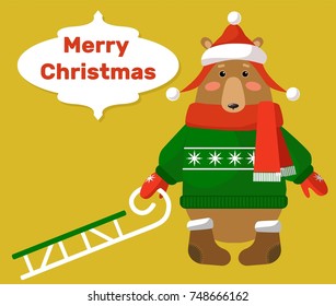 A bear with a sleigh in a sweater and a hat. Greeting card or Christmas poster