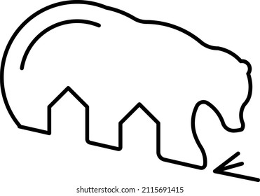 a bear sliding down the hill. Two mountain houses between her legs