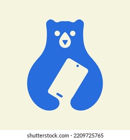 Bear Smartphone Logo Negative Space Vector Template. Bear Holding Smartphone Symbol