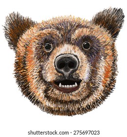 Bear with smile expression,  Grizzly, Kodiak Bear Isolated Vector Illustration. Watercolor imitation. Hand painted on tablet.