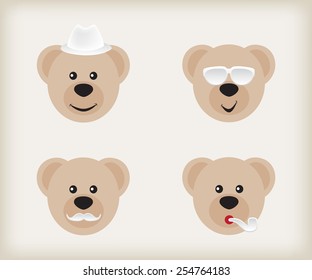 Bear smiley icons.Bear face emotions.Smiley vector illustration.