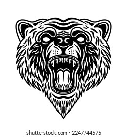 Bear snout with open roaring mouth vector illustration in vintage black and white style isolated