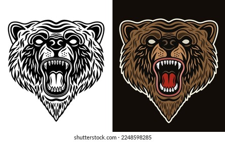 Bear snout with open roaring mouth vector illustration in two styles black on white and colorful on dark background