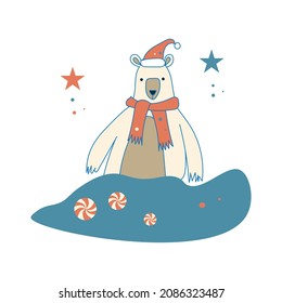 a bear in the snow in a hat and scarf.isolated on a white background. for a festive decor. vector illustration.10 eps