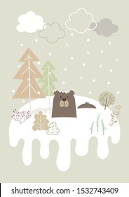 Bear in snow hill vector illustration pastel cartoon. Cute pastel winter landscape bear in snow jungle cartoon. 