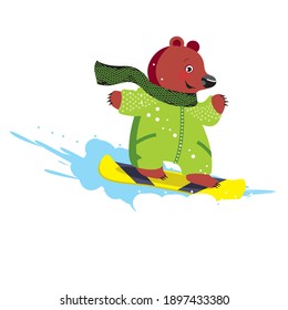bear snowboarder, kid riding down a slope, vector character