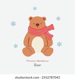 Bear with snowflake and winter scarf hand drawn illustration