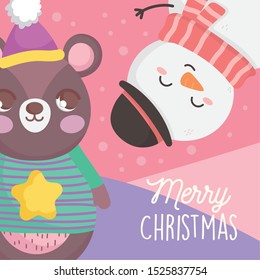 bear and snowman with hat scarf sweater snow merry christmas card vector illustration
