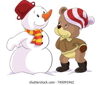 Bear and snowman in the winter /Teddy bear christmas snow winter 