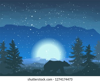 bear in the snowy night forest vector illustration