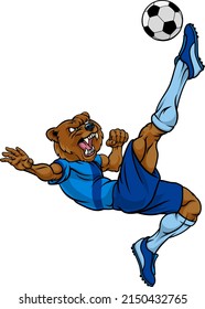 A bear soccer football player cartoon animal sports mascot kicking the ball