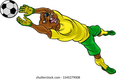 A bear soccer football player goal keeper cartoon animal sports mascot diving to catch the ball
