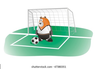 bear soccer goalkeeper in front of the goal with soccer-ball	 	 	 	 	 	 	 	