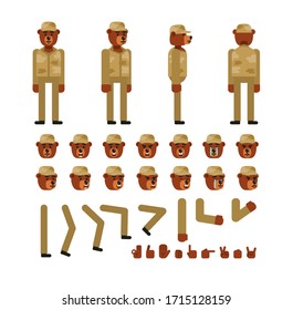 Bear soldier character creation set. Create your own pose, action, animation. Flat design vector illustration