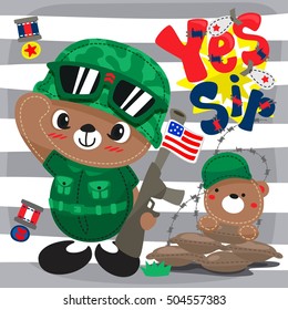 Bear soldier salute posing with text "yes sir" on stripes background illustration vector.