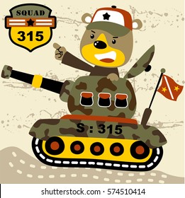bear soldier in a tank give a commando, vector cartoon illustration. Eps 10