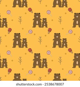 Bear and son cartoon so cute. On tree lollipop ice cream yellow background. Pattern seamless vector illustration. 
