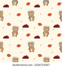 Bear in the space cartoon so cute. On cloud star Saturn background. Pattern seamless vector illustration.
