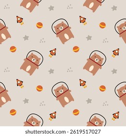 Bear in space cartoon so cute. On rocket star saturn background. Pattern seamless vector illustration. 
