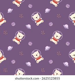 Bear in space cartoon so cute. On ufo planet purple background. Pattern seamless vector illustration. 