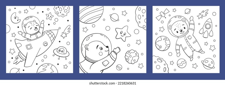 Bear in space illustration for coloring book. Black and white printable activity pages, worksheets for kids.